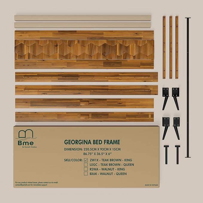 Bme Georgina Signature Bed Frame with Handcrafted Geometric Headboard, Mid Century Modern, Solid Acacia Wood, No Box Spring Needed, 12 Strong Wood Slats Support, Easy Assembly, Teak Brown, King