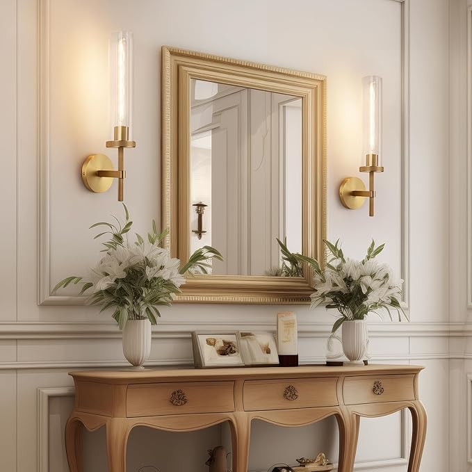 19.5" Knurled Brass Wall Sconces Set of 2, Gold Bathroom Vanity Light Fixtures with Clear Glass Tube, Modern Lamp Lighting for Bedroom, Living Room, Hallway, Staircase, Mirror, Kitchen