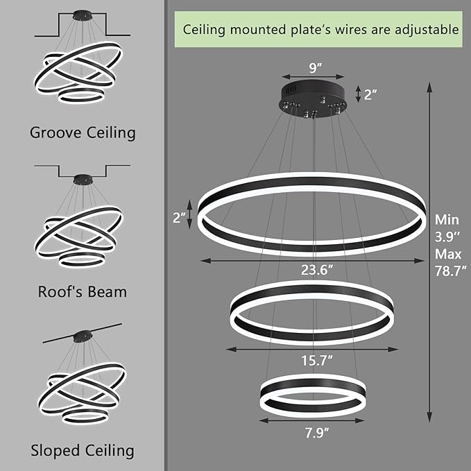 D23.6'' Modern LED Dimmable Chandeliers for Dining Room 3-Rings High Ceiling Chandelier for Living Room Adjustable Pendant Light Flush Mount Light Fixture for Foyer Entryway Bedroom 3000K-6000K