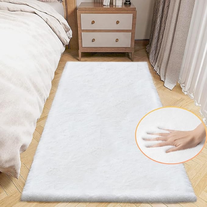 White Washable Furry Area Rug Runner Faux Bunny Fuzzy Fur Rugs for Bedroom Living Room 2x6 Rug Runners for Hallways Room Décor