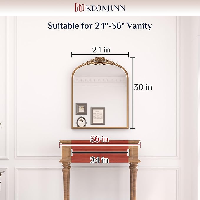 Keonjinn Brass Vintage Arched Mirror for Wall, 24" x 30" Antique Gold Mirrors with Metal Frame, Baroque Style Decoration for Mantle, Bathroom, Living Room, Fireplace, Bedroom, French Cleat Mounting