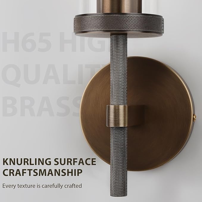 15" Knurled Brass Wall Sconces Set of 2, Bronze Bathroom Vanity Light Fixtures with Clear Glass Tube, Modern Lamp Lighting for Bedroom, Living Room, Hallway, Staircase, Mirror, Kitchen