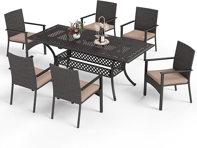 MFSTUDIO 7 Pieces Patio Dining Set, All Weather Patio Furniture Set for 6 with Rectangular Cast Aluminum Table and 6 Wicker Chairs, Outdoor Patio Table and Chairs Dining Set for 6