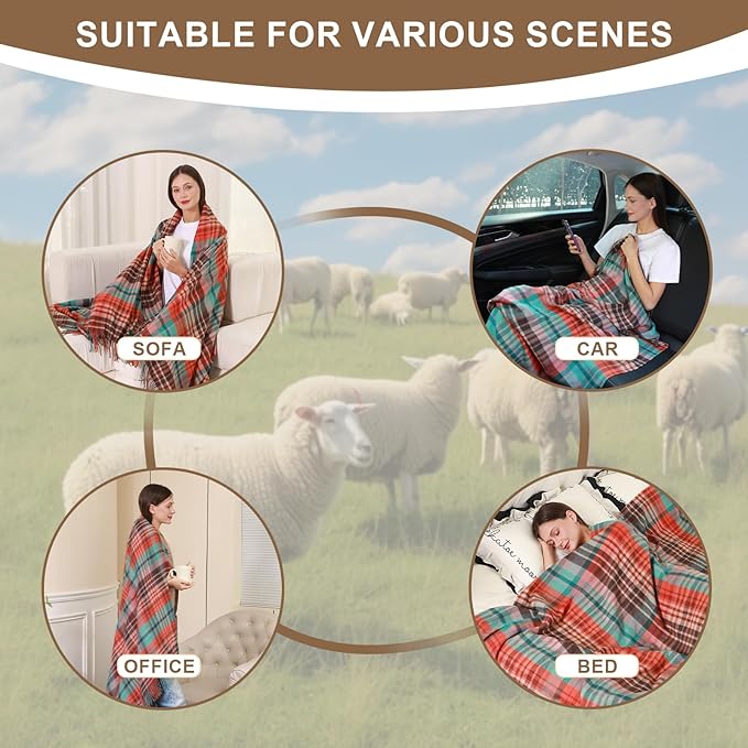 Holiday Plaid Throw Blanket for Couch,100% Wool Throw Blanket for Home Decor, Soft Lightweight Cozy All Season Decorative Vintage Blankets for Travel,Bed, Sofa, Chair, Outdoor 55"x83"/1.5LBS