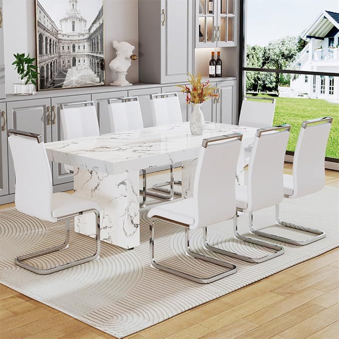 79'' Dining Table Set for 8, Dining Room Table Set for 8, 3.5'' Thick Faux Marble Table Top, MDF Table Legs, PU Ergonomic Dining Chair, for Dining Room