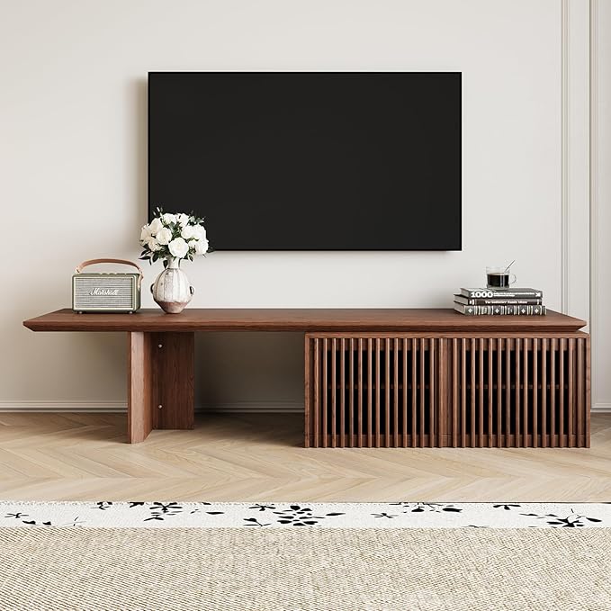Modern TV Stand, Entertainment Center with Storage, Extendable TV Media Console for Up to 55+ Inch, Minimalist Television Cabinet for Living Room/Bedroom - Walnut (78.7"-110" Extendable)