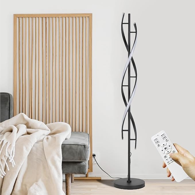61" LED Floor Lamp for Living Room, 40W 3 Colors Stepless Dimmable and Color-Changing Bright Floor Standing Lamp,Unique Spiral Floor Tall Lamp for Bedroom Office with Remote (Black)