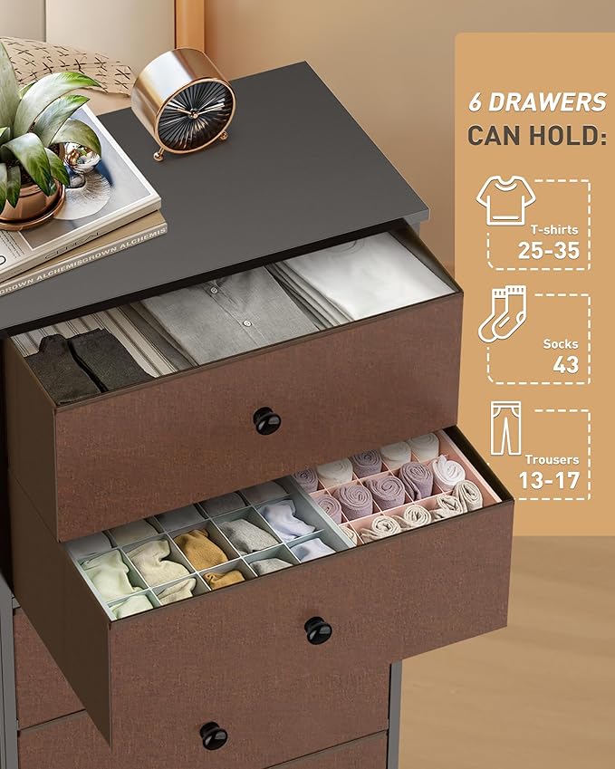 Tall Fabric Dresser for Bedroom, Vertical Storage Organizer Tower with 6 Drawers, Chest of Drawers with Bins, Steel Frame, Wood Top for Bedroom, Closet, Entryway Brown