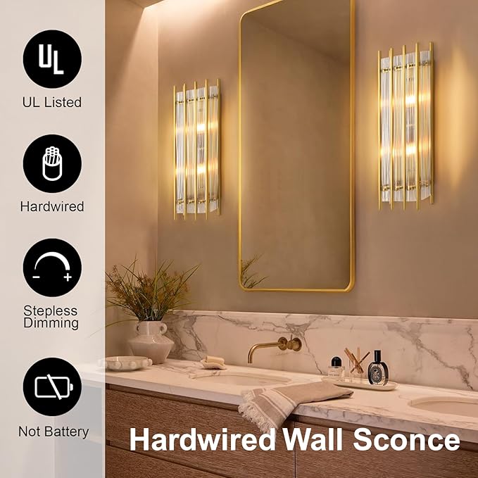 Modern Brass Wall Sconce,25in Grand Rectangular Ribbed Glass Wall Sconces,Indoor Hardwired Gold Wall Sconces for Large Spaces,for Living Room,Hallway,Stairway Sconces Wall Lighting,Included E12 Bulbs