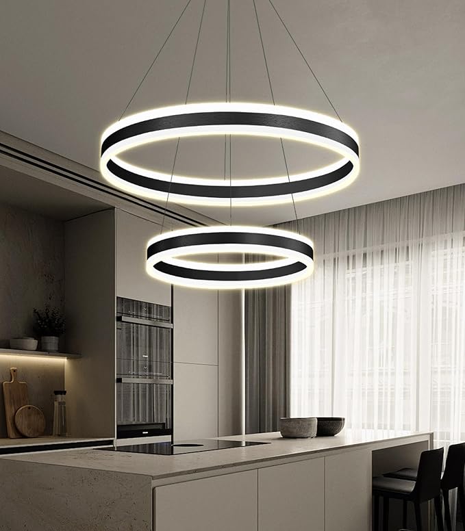 D15.7''+23.6'' Modern Ring Chandelier for Dining Room LED Dimmable Pendant Lighting Chandelier for Living Room Foyer Bedroom Entryway 3000K-6000K Black
