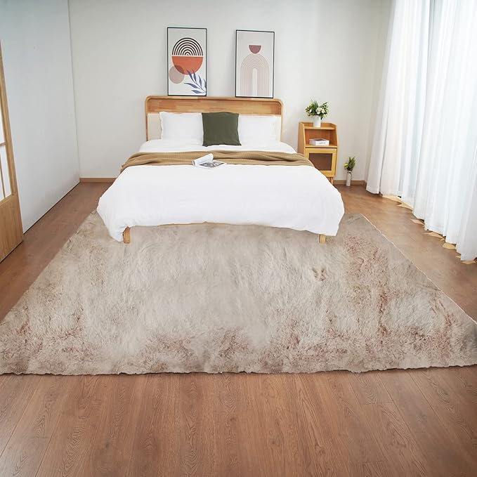 Ghouse Light Brown Beige Faux Rabbit Fur Rug 6x9 Machine Washable Area Rugs for Bedroom Fluffy Rugs for Living Room No-Shedding Carpet Sheepskin Rug