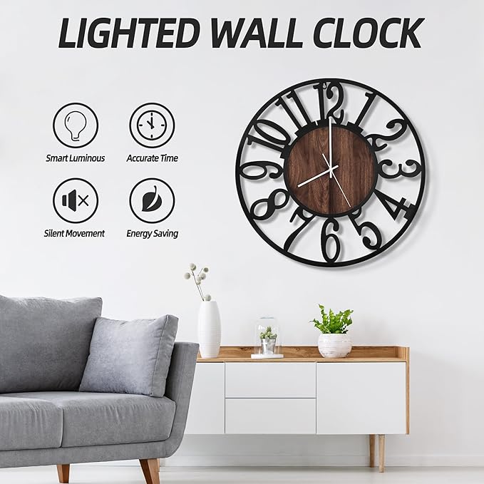 LEIKE Large Wall Clocks with Night Light Battery Operated,Silent Non Ticking,Rustic Modern Big Wood Clock for Living Room, Bedroom,Kitchen,Farmhouse,Office,Home Decor-20 Inch(Black-Arabic Number)