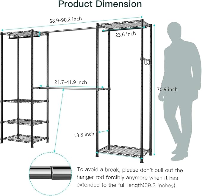 BATHWA Adjustable Heavy Duty Wardrobe Closet Organizer - Expandable Metal Clothing Rack with 4 Hanging Rods, 6 Shelves, and 4 Hangers, Freestanding Closet System 70.9”H x (68.9”-90.2”)L x 14”D, Black