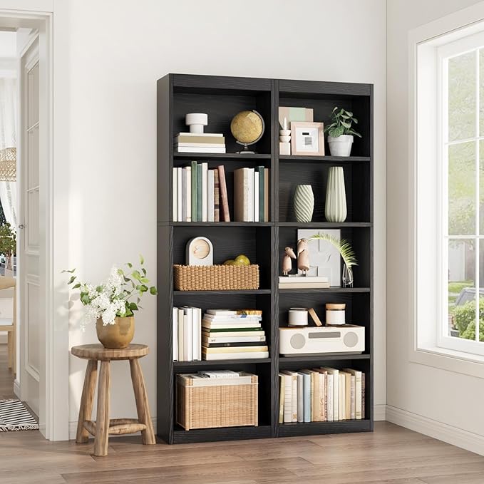 5-Tier Bookcase Set of 2, Open Storage Shelf, Narrow Tall Book Shelf, Freestanding Display Storage Shelves Suitable for Home Office, Living Room and Bedroom, Black