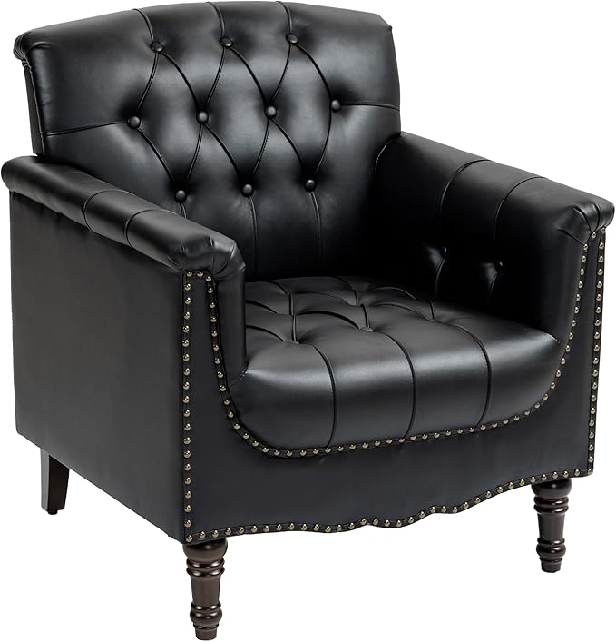 UIXE Black Accent Chair for Living Room, Faux Leather Tufted Arm Chair Retro Upholstered Club Armchair for Bedroom