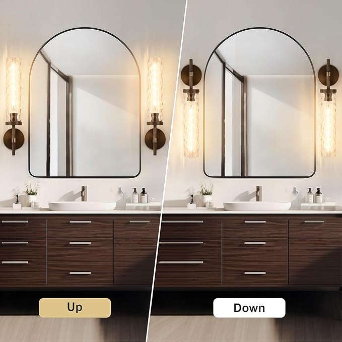 19.5" Knurled Brass Wall Sconces Set of 2, Bronze Bathroom Vanity Light Fixtures with Water Ripples Glass Tube, Modern Lamp Lighting for Bedroom, Living Room, Hallway, Staircase, Mirror, Kitchen