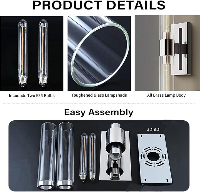 Wall Sconces Set of Two 22.8" Indoor Wall Light Fixtures, Nickel Bathroom Vanity Light Fixtures with Clear Glass, Modern Wall Lamp for Bathroom Living Room Bedroom Hallway(Bulb Included)