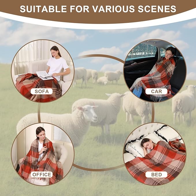 Red Plaid Throw Blanket for Couch,100% Wool Throw Blanket for Home Decor, Soft Lightweight Cozy All Season Decorative Vintage Blankets for Travel,Bed, Sofa, Chair, Outdoor 55'' x 83''/2LBS