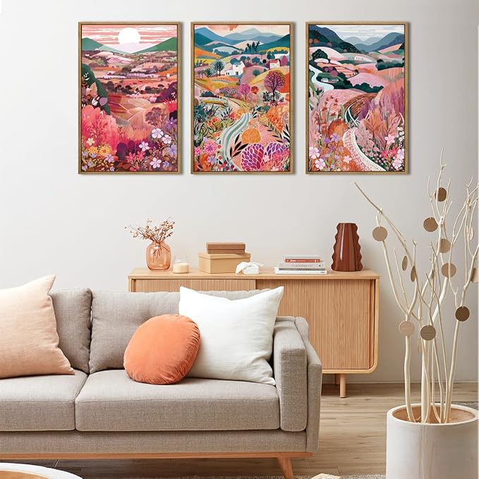 Anyzal Large Colorful Mountain Floral Wall Art Framed Pink Nature Landscape Painting Sunset Scenery Wall Decor for Living Room Bedroom Office 16x24 Inch Set of 3