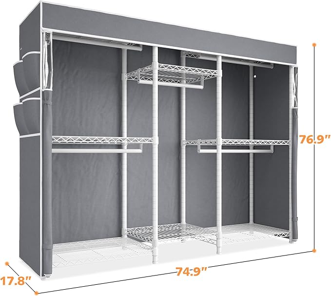 Raybee Clothing Rack with Cover Heavy Duty Clothes Rack with Shelves,Portable, Adjustable,Metal,Max Load 900lbs,White