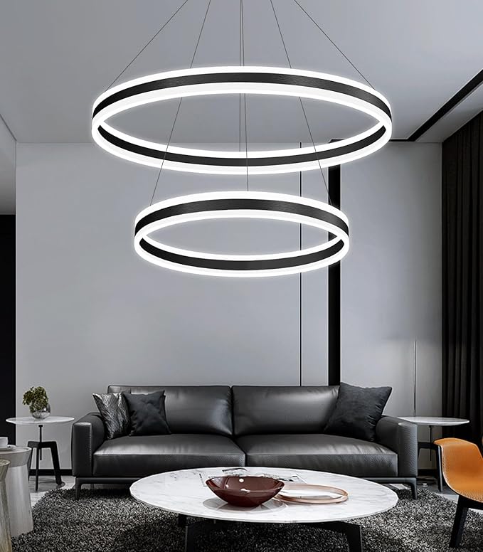 D23.6''+31.5'' Modern Ring Chandelier for Dining Room LED Dimmable Pendant Lighting High Ceiling Chandelier for Living Room Foyer Bedroom Entryway 3000K-6000K Black