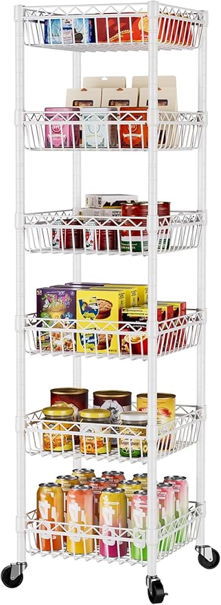 SINGAYE Shelf 6 Tier Wire Shelving Unit with Wheels Baskets Storage Rack Corner Shelves Adjustable Closet Bathroom Organizers Metal Pantry Kitchen Garage Laundry Room 13.5" D x 13.5" W x 63" H White