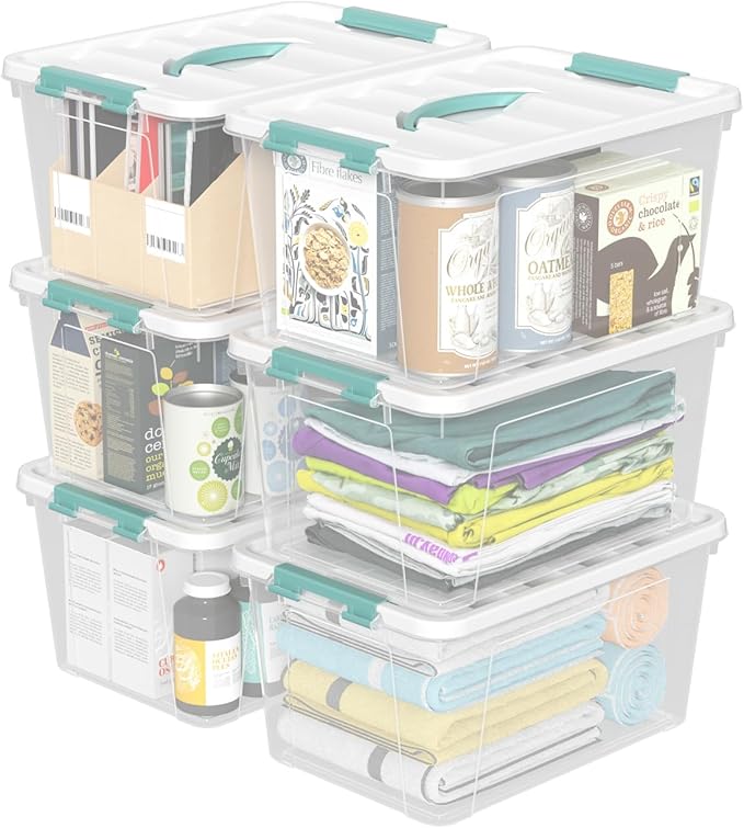 Plastic Storage Box with Lids, Clear Plastic Latching Bins, 14 Quart, Pack of 6