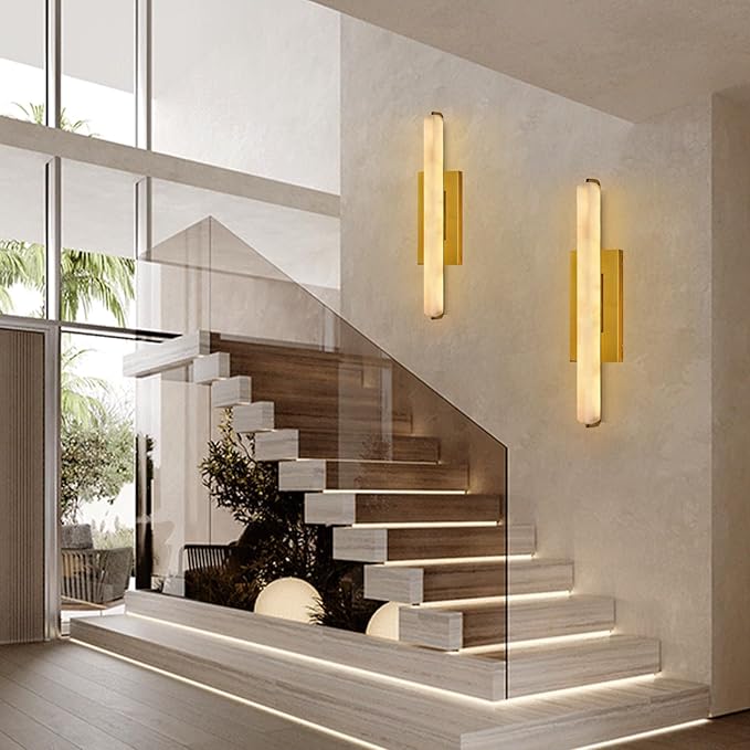 Alabaster Wall Sconces Set of Two, 25" Brass Alabaster Sconce, Spanish Natural Marble Wall Sconce Lamp Indoor, Rectangle Modern Sconces Lighting for Bathroom Living Room Bedroom Stairs Hallway