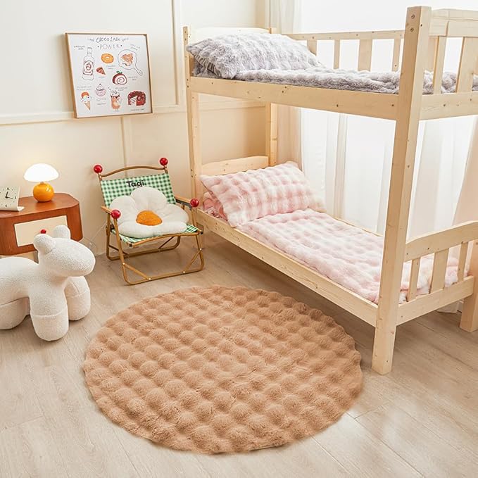 Coffee Round Rabbit Plush Rug for Bedroom Living Room Sofa,4'X4' Faux Fur Fluffy Shaggy Circle Rug for Kids Teen Girls Room,Furry Carpet Circular Rugs for Nursery Baby Room