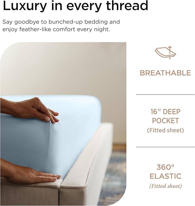 Threadmill 100% Cotton Sheets for Full Size Bed - 600 Thread Count Full Bed Sheets Set with 16” Deep Pocket - Sateen Weave 4-Piece Bedding Set with Cooling Effect, Blue