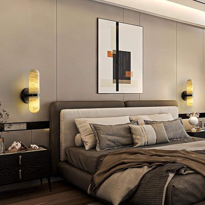 Alabaster Wall Sconces, 13" Black Wall Sconce, Modern Bathroom Sconces Lighting, Black Spanish Natural Marble Sconce for Living Room, Bedroom, Stairs, Hallway