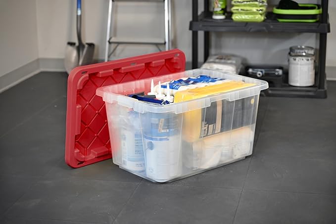 CX BLACK & YELLOW, XTRA TALL 27-Gallon Heavy Duty Clear Storage Container & Snap-Tight Lid, Clear & Red (28.5"L x 19.4"W x 15.2"H), Weather-Resistant, Stackable, See-Through Organization Tote