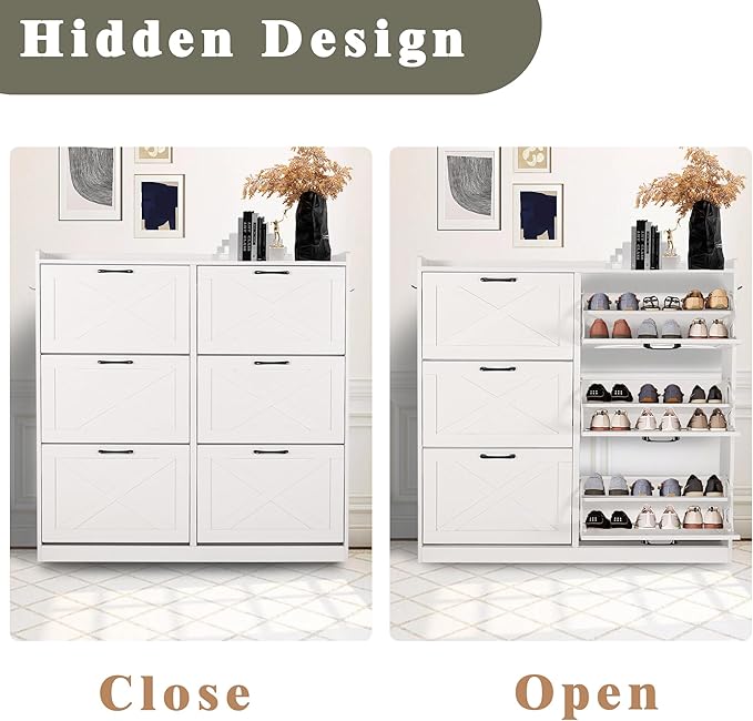 Shoe Cabinet with 6 Flip Drawers, Shoe Storage Cabinet for Entryway, Freestanding Hidden Shoe Cabinet Organizer with Open Storage, Narrow Shoe Rack with Legs, Oak White