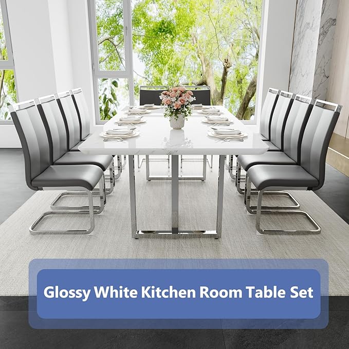 JUFU Dining Table Set for 8, Big Kitchen & Dining Room Sets with 79'' Faux Marble Tabletop and Sturdy Leg, White Rectangle Dinner Set for 8 with PU Chairs, Ideal for Dining Room and Kitchen