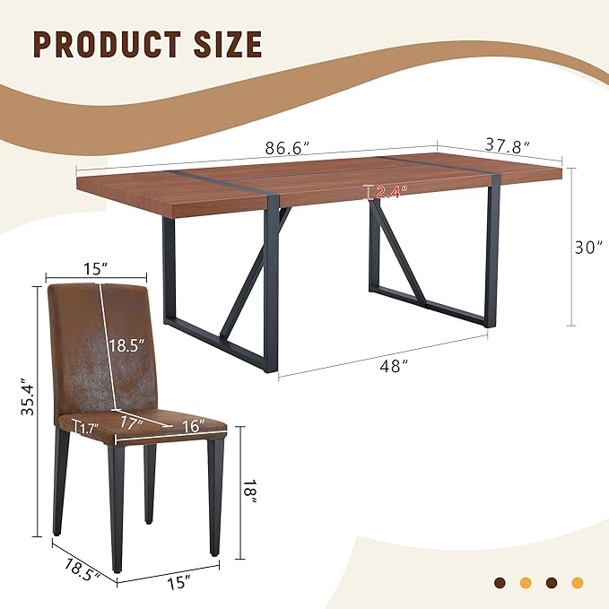 86.6" Dining Table Set for 8, Modern 9 Piece Wood Kitchen Table and Chairs Set, Rectangle Dining Room Table with 8 PU Leather Upholstered Chairs, Ideal for Home, Kitchen, or Apartment Dining