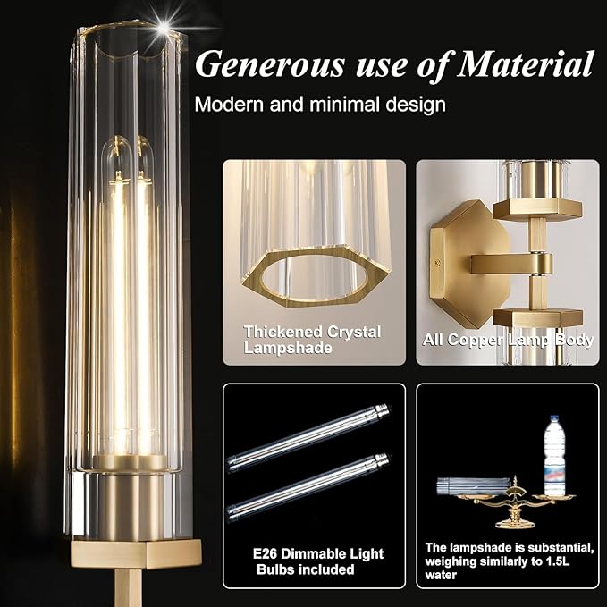 Gold Crystal Bathroom Wall Sconce Light Fixture Modern Bathroom Vanity Light,28.5in Brass Sconces Wall Lighting,Linear Indoor Wall Sconce Light for Bedroom,Hallway,Staircase,Living Room,Dining Room