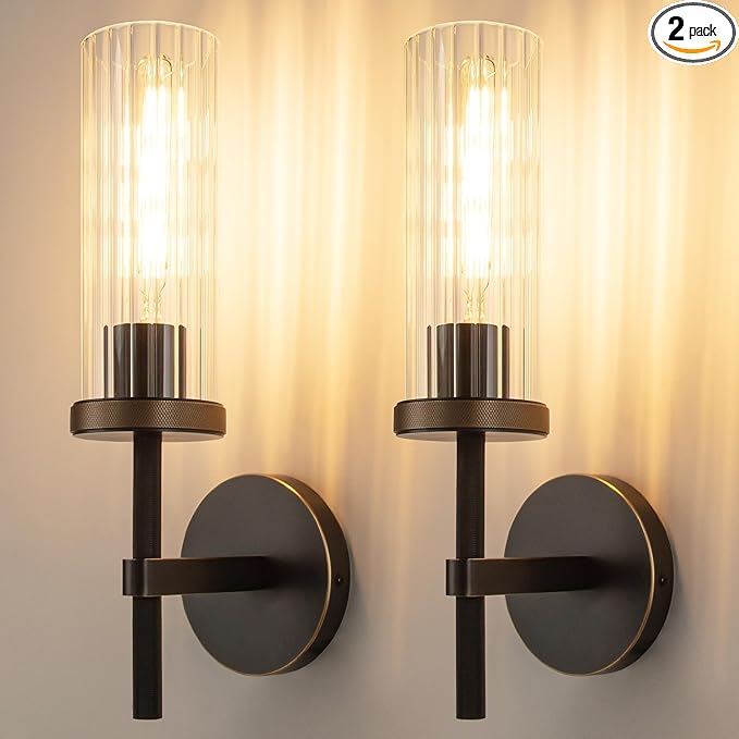15" Knurled Brass Wall Sconces Set of 2, Black Gold Bathroom Vanity Light Fixtures with Vertical Striped Glass Tube, Modern Lamp Lighting for Bedroom, Living Room, Hallway, Staircase, Mirror, Kitchen
