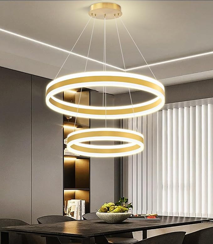 D15.7''+23.6'' Modern Ring Chandelier for Dining Room LED Dimmable Pendant Lighting for Living Room Foyer Bedroom Entryway 3000K-6000K Gold