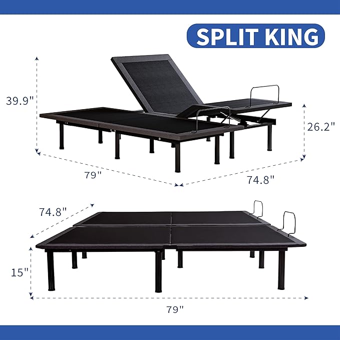 Split King Adjustable Bed Base Frame,Electric Bed with Head and Foot Incline, Soft Cover & Zero Gravity & Wireless Remote with Backlight, 80"×76"×12",Black