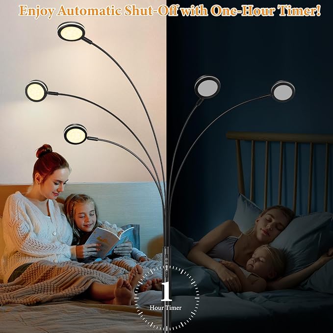 LED Arc Floor Lamp with Remote, 2250LM Dimmable Floor Lamp with Timer, Adjustable Colors, Brightness & 5 Adjustable Arms,Multi-Head Tall Tree Standing Lamp for Living Room Bedroom Corner Office, Black