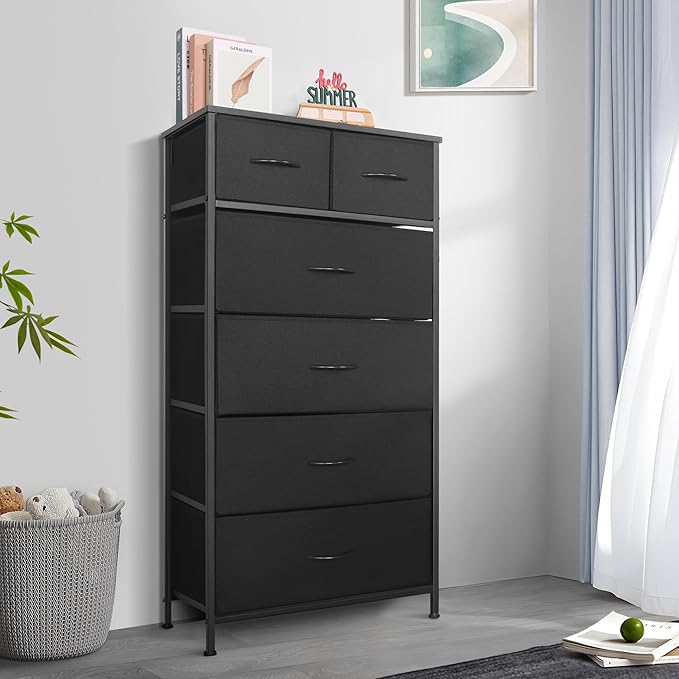 Tall Dresser for Bedroom, Vertical Storage Organizer Tower with 6 Drawers, Chest of Drawers with Fabric Bins, Steel Frame, Wood Top for Bedroom, Closet, Entryway- Black