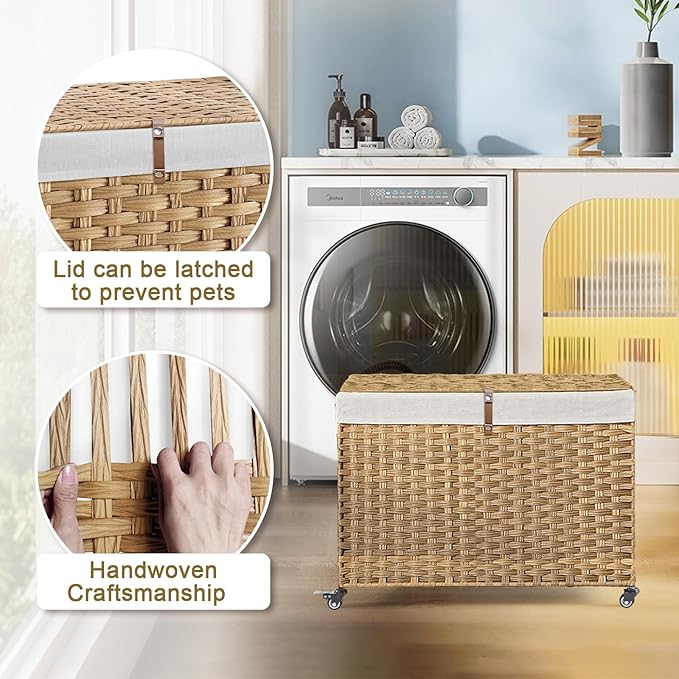 Rolling Storage Basket with Lid, 47.6 Gallon (180L) Storage Bin with Wheels, Woven Rattan Blanket Storage Basket with Handles, Foldable, Metal Frame, Removable Liner for Bedroom, Laundry Room, Natural