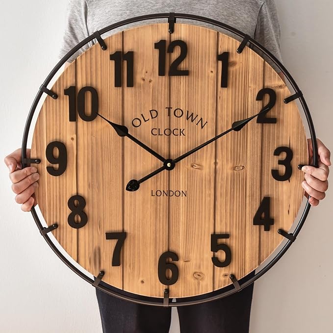 24 Inch Farmhouse Wall Clock Large Old Town Vintage Rustic Wooden Clock with Metal Rim and Large Numerals, Silent Battery-Operated for Office, Kitchen, Bedroom, and Living Room