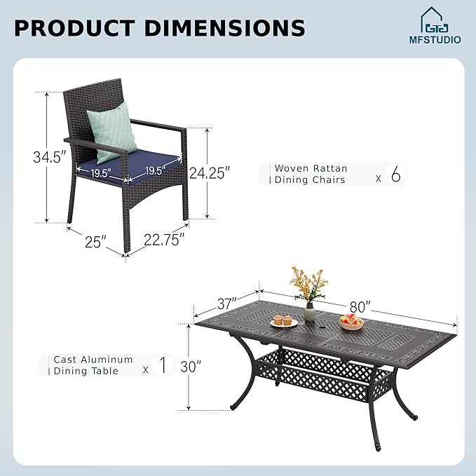 MFSTUDIO Pieces Patio Dining Set, All Weather Patio Furniture Set for with Rectangular Cast Aluminum Table and Wicker Chairs, Outdoor Patio Table and Chairs Dining Set