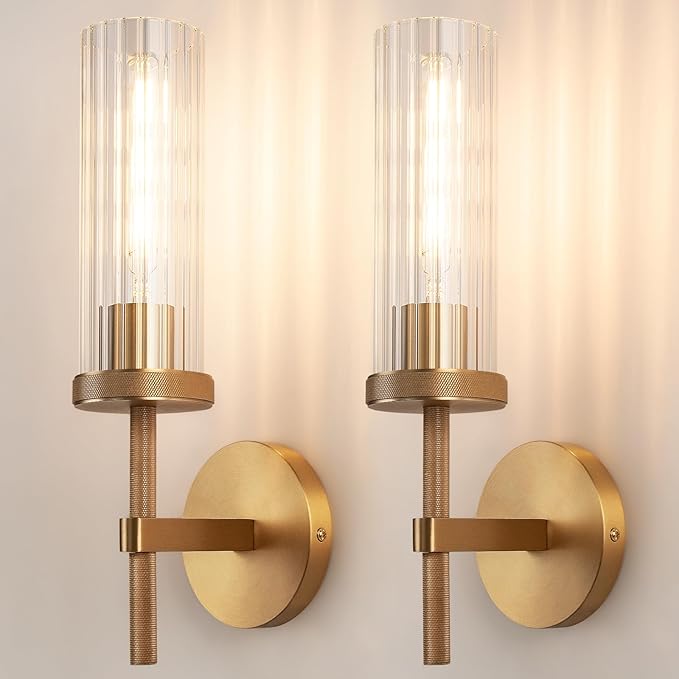 15" Knurled Brass Wall Sconces Set of 2, Gold Bathroom Vanity Light Fixtures with Vertical Striped Glass Tube, Modern Lamp Lighting for Bedroom, Living Room, Hallway, Staircase, Mirror, Kitchen