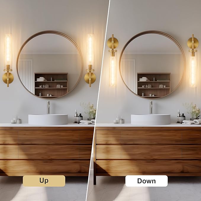 19.5" Knurled Brass Wall Sconces Set of 2, Gold Bathroom Vanity Light Fixtures with Crackle Glass Tube, Modern Lamp Lighting for Bedroom, Living Room, Hallway, Staircase, Mirror, Kitchen