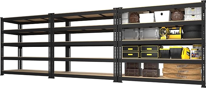 PrimeZone 48" W x 18" D x 72" H Garage Shelving Heavy Duty - Adjustable Metal Storage Shelves, 5 Tier Industrial Shelving Unit, Utility Shelf Rack for Basement, Warehouse, Pantry, Closet, Black, 3Pack
