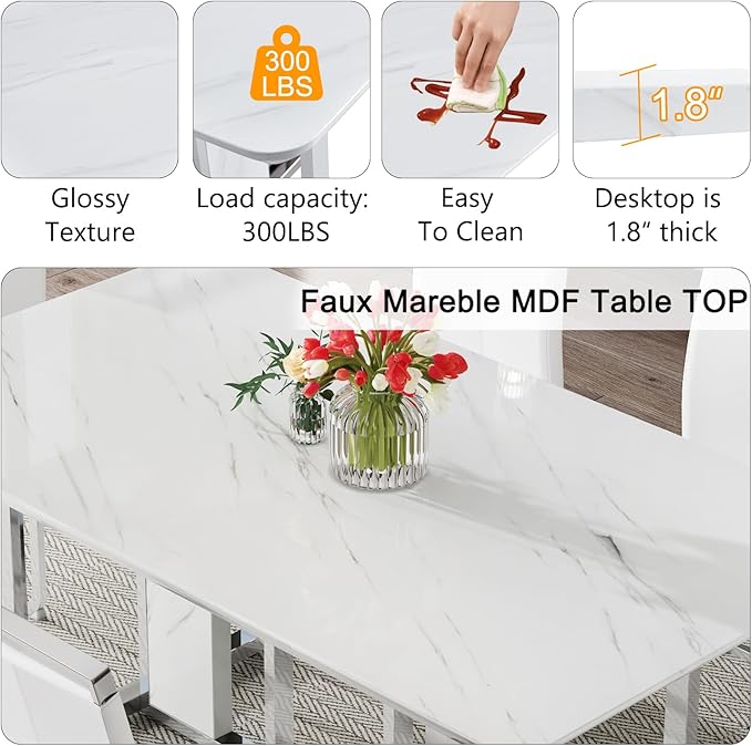 67'' Modern Dining Table Set for 6,White Kitchen Table Set,Luxury Dining Table Set with 1.8-inch Thick Faux Marble Table Top＆6 Pu Leather Upholstered Chairs Ideal for Dining kicken Room