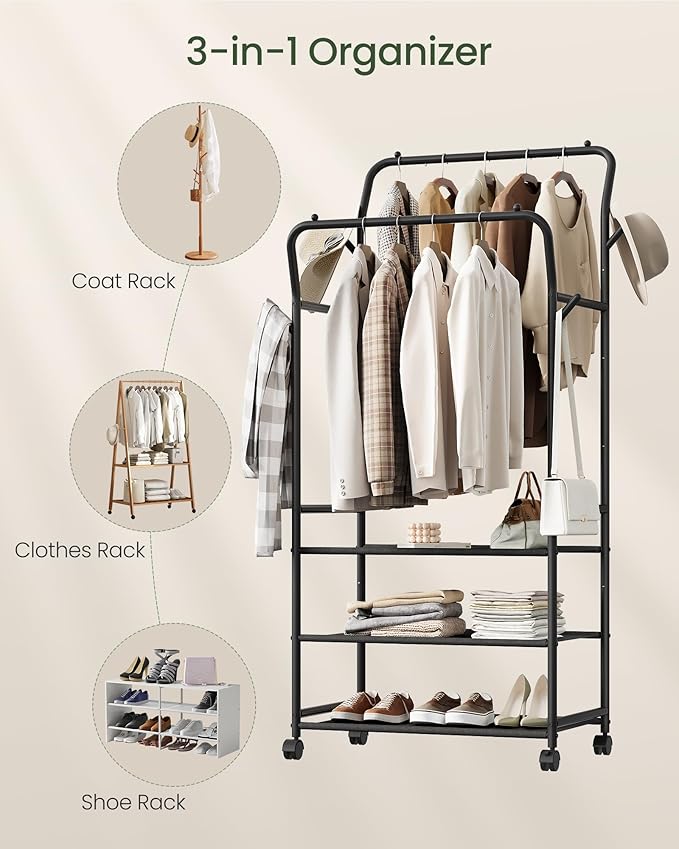 Clothes Rack, 3-Tier Rolling Garment Rack, Dual-Rod Clothing Rack with Hooks and Wheels, Y-Shaped, Freestanding Clothing Hanging Organizer, for Bedroom, Living Room, Laundry Room Black TYM07BB