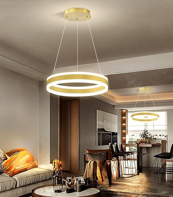 D15.7'' Modern Ring Chandelier for Dining Room LED Dimmable Pendant Lighting High Ceiling Chandelier for Living Room Foyer Bedroom Entryway 3000K-6000K Gold